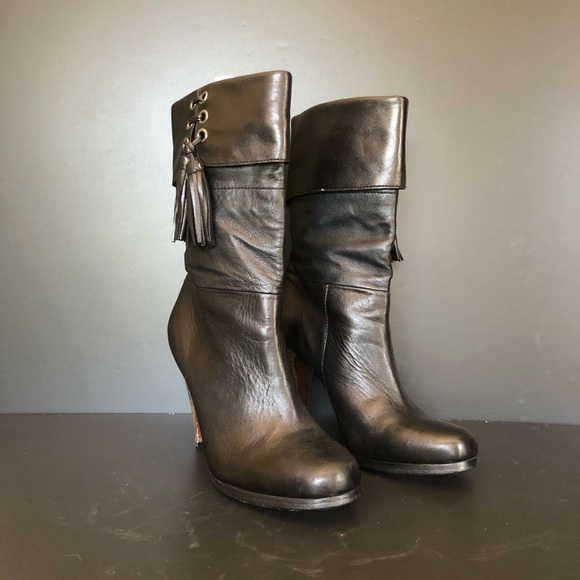 Coach Legra Black Soft Leather Heeled Ankle Boots Size 7.5 Tassel Wooden Heel - Picture 2 of 10